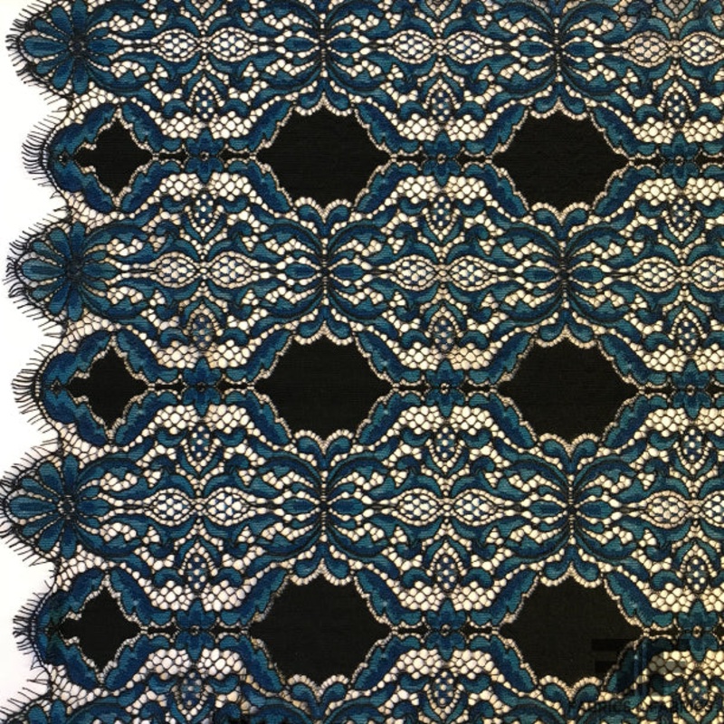 Scalloped Leavers Lace – Blue/Black Fabric by the Yard