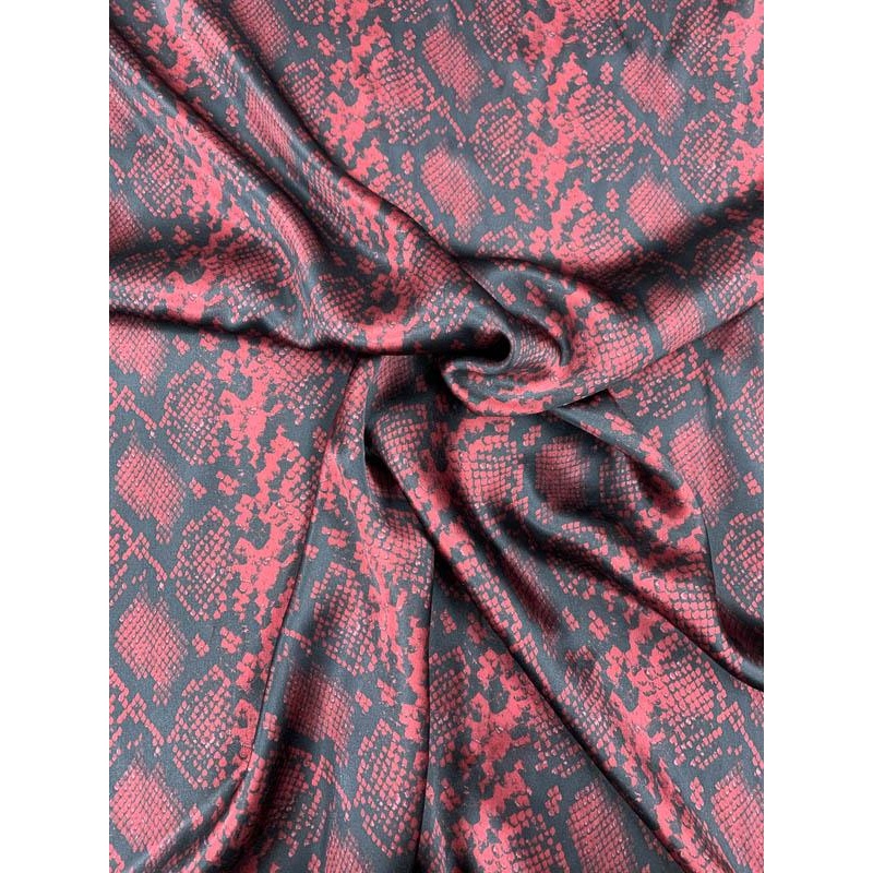 Snakeskin Pattern Printed Silk Charmeuse – Red Wine / Black Fabric by the Yard