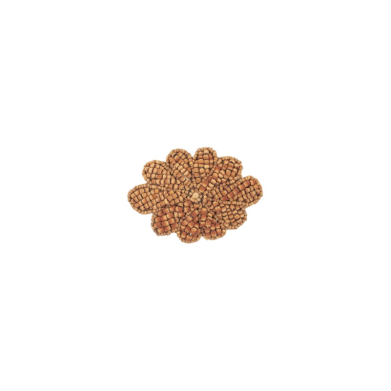 Vintage Dark Natural Wood Beaded Floral Motif Applique – 2″ x 2.875″