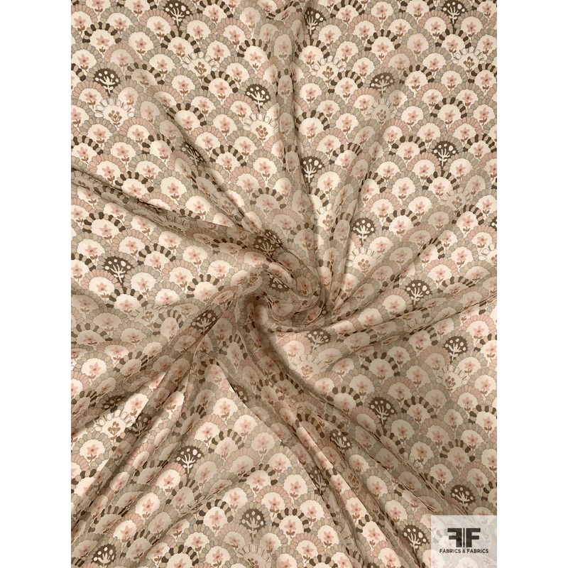 Arches with Flowers Printed Silk Chiffon – Earth Tones Fabric by the Yard