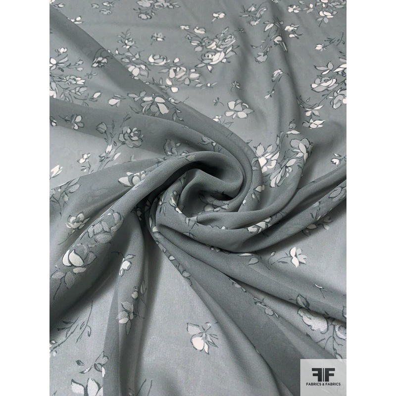 Feminine Floral Printed Silk Chiffon – Seal Grey / Off-White Fabric by the Yard