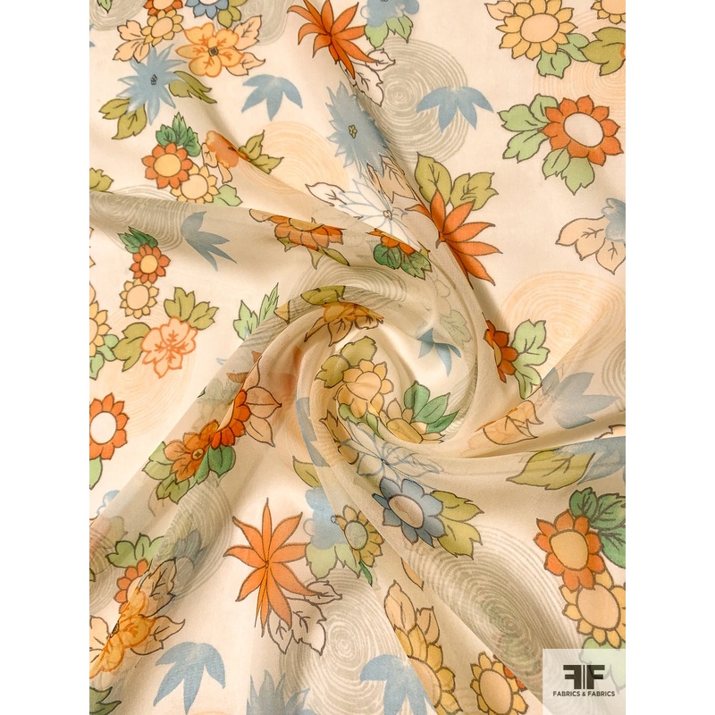 Floral and Circle Swirls Printed Silk Chiffon – Orange / Yellows / Greens / Sky Blue Fabric by the Yard