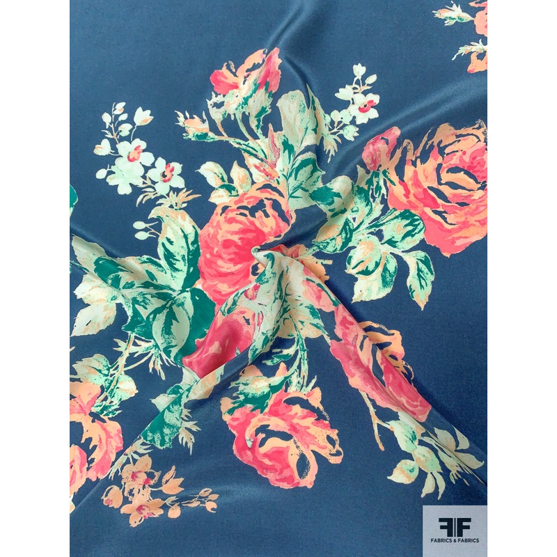 Floral Bouquets Printed Silk Crepe de Chine – Ocean Navy / Teal / Aqua / Peach / Pink Fabric by the Yard