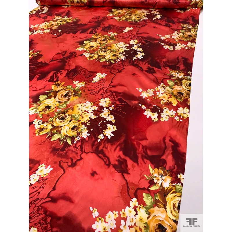 Floral Printed Silk Charmeuse – Reds / Yellow / White Fabric by the Yard
