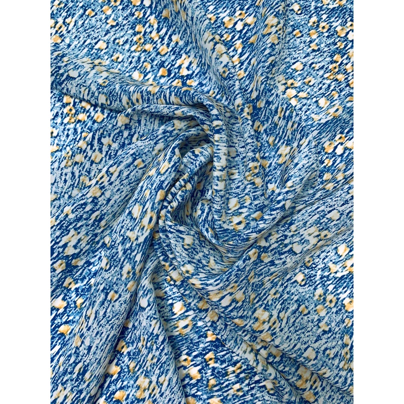 Hazy Abstract Printed Silk Crepe de Chine – Blue / Off-White / Dusty Marigold Fabric by the Yard