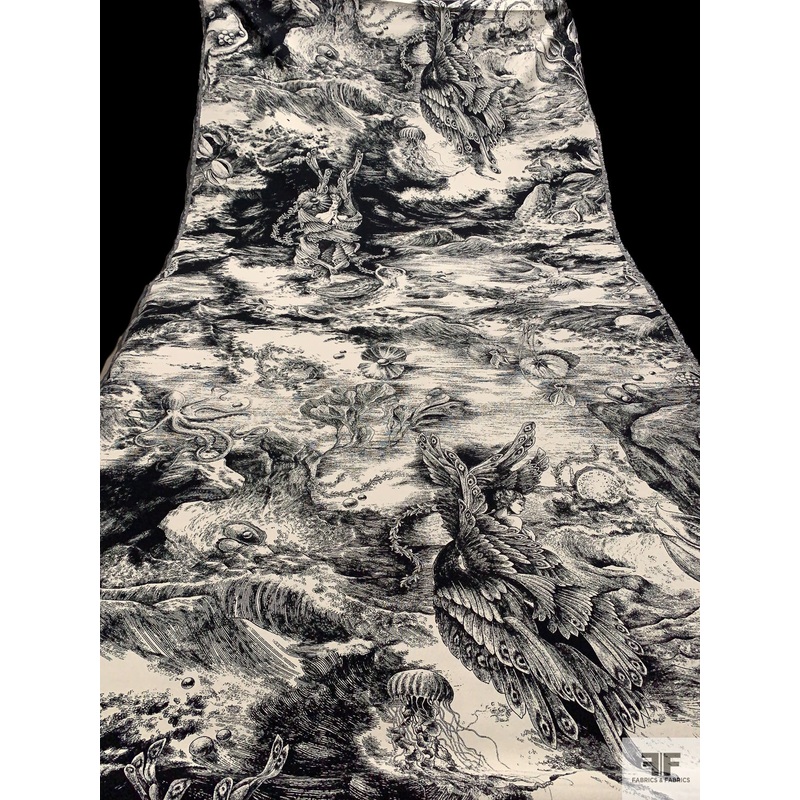 Italian Ancient Goddess Tapestry Fused-Back Panel – Black / Beige Fabric by the Panel