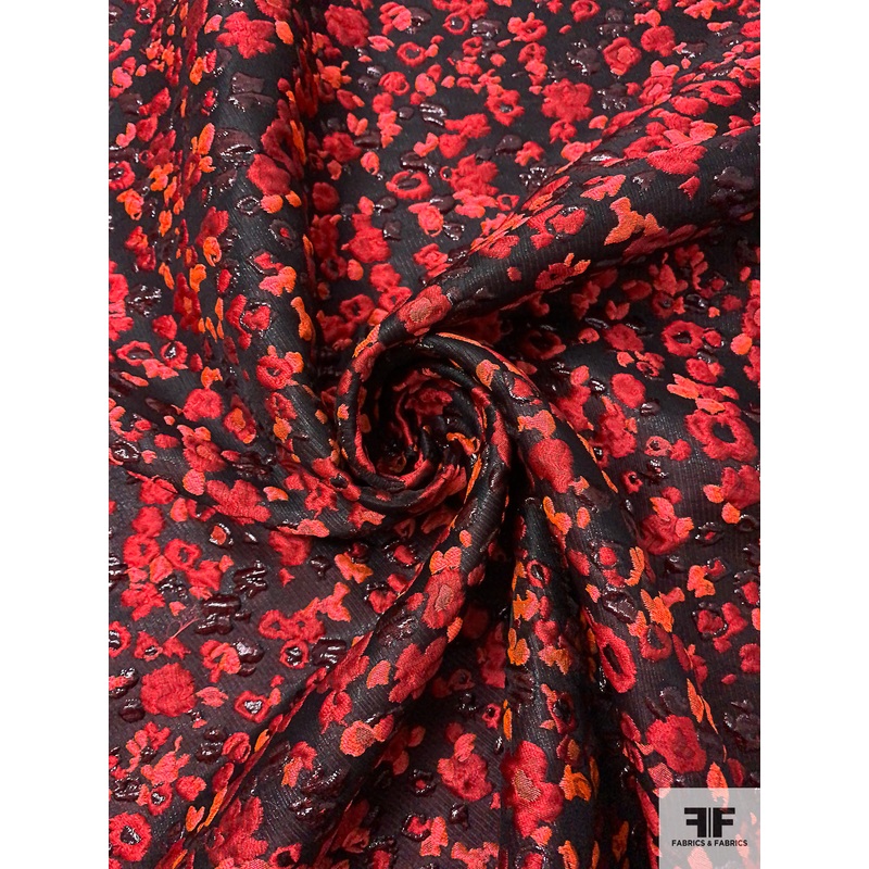 Italian Floral Textured Cloqu Brocade – Hot Coral / Red / Wine / Black Fabric by the Yard