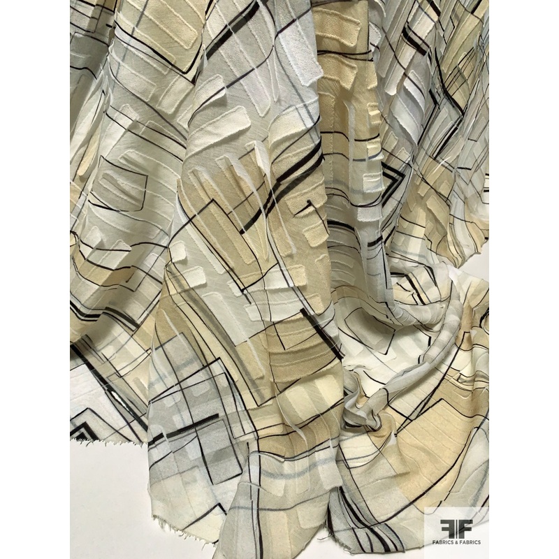 Italian Geometric 3D Burnout Printed Silk and Cotton Voile – Ivory / Cream / Beige / Black Fabric by the Yard