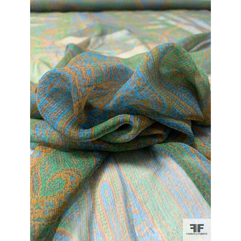 Large-Scale Regal Mediterranean Paisley Printed Crinkled Silk Chiffon – Green / Turquoise / Saddle Brown Fabric by the Yard
