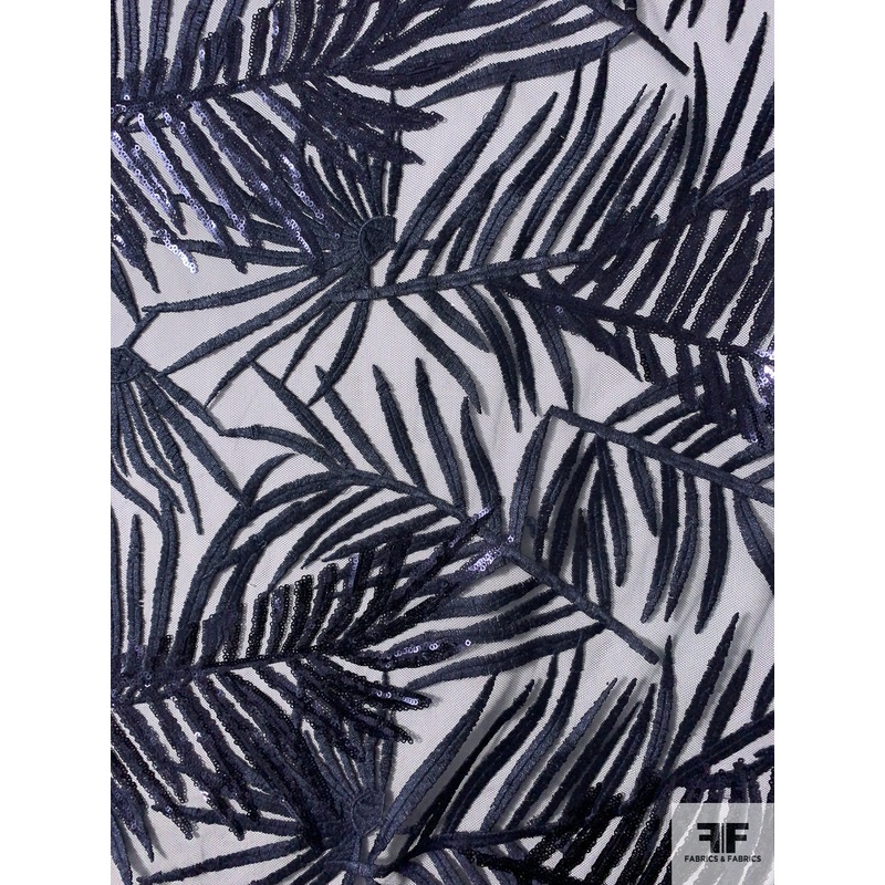 Leaf Design Embroidered Netting with Sequins – Navy Fabric by the Yard