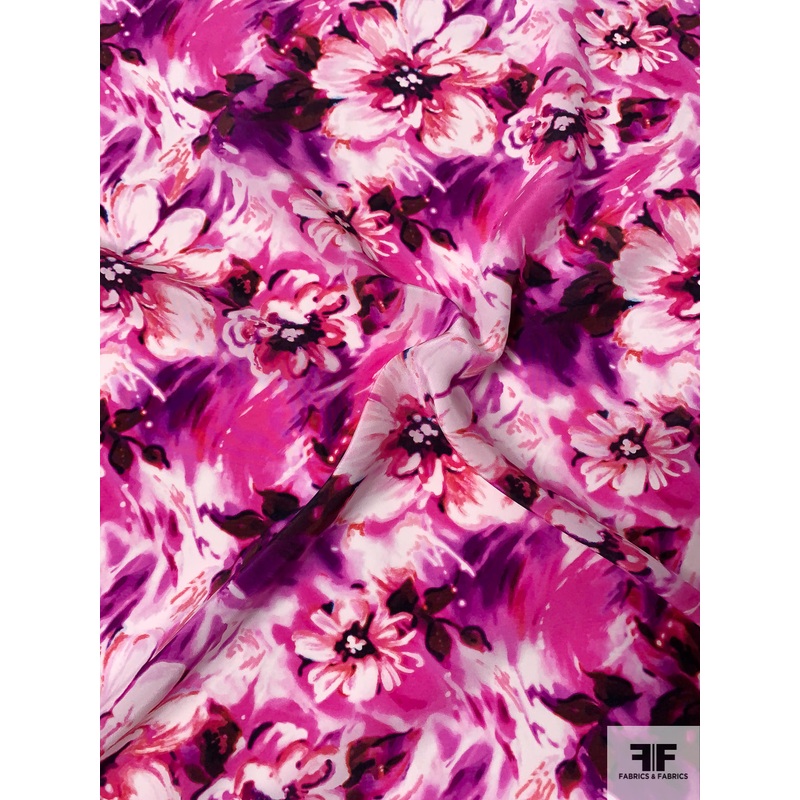Painterly Floral Printed Silk Crepe de Chine – Shades of Magenta / White Fabric by the Yard