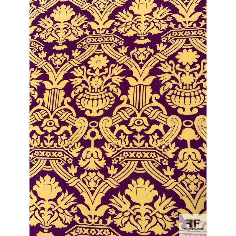 Regal Floral Printed Silk Crepe de Chine – Purple / Butter Yelow Fabric by the Yard