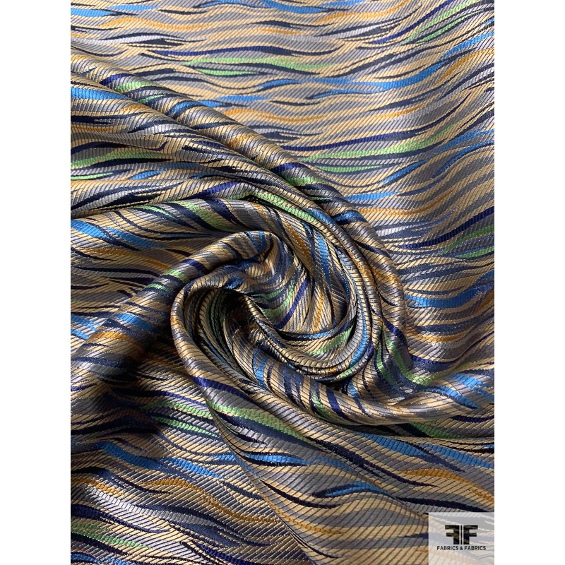 Wavy Striations Silk Necktie Jacquard Brocade – Navy / Blue / Gold / Grey / Turmeric Fabric by the Yard