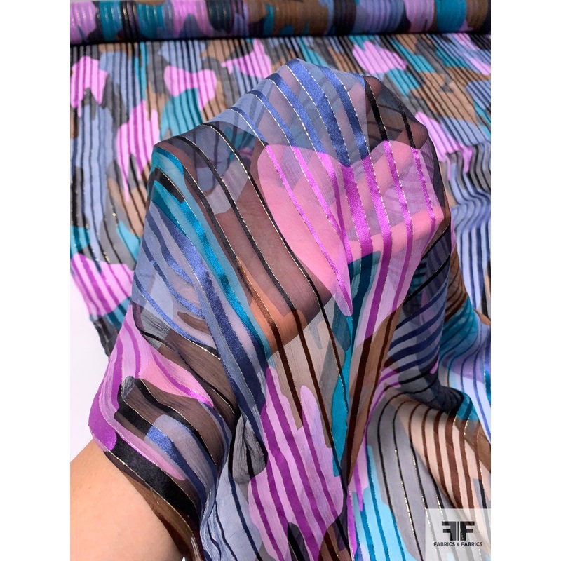 Abstract Printed Satin Striped Silk Chiffon with Gold Lurex Pinstripes – Teal / Orchid / Brown / Black Fabric by the Yard