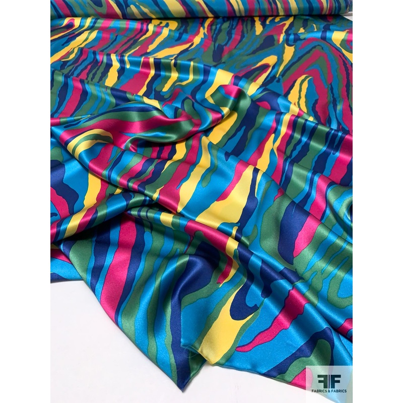 Artsy Marble Printed Silk Charmeuse – Blue / Dark Blue / Yellow / Green / Magenta Fabric by the Yard