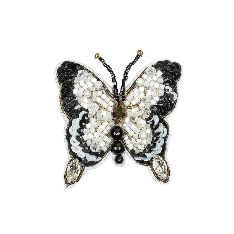 Black and White Butterfly Rhinestone and Glass Beaded Applique – 2.25″ X 2″