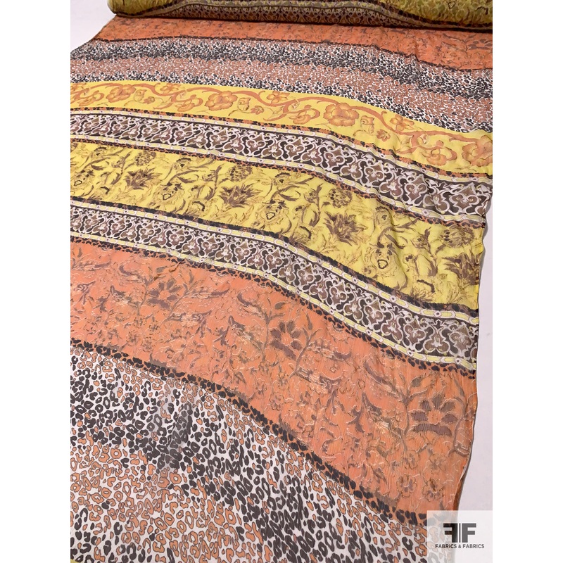 Boho Floral and Linear Printed Crinkled Silk Chiffon with Gold Lurex Detailing – Yellow / Orange-Peach / Brown Fabric by the Yard
