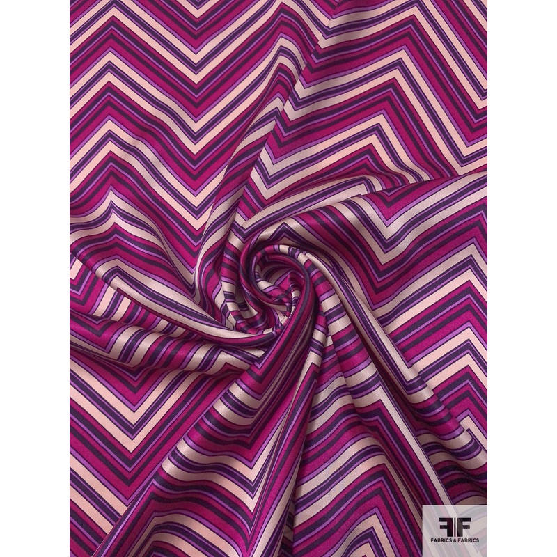 Chevron Printed Silk Charmeuse – Purples / Light Blush Fabric by the Yard