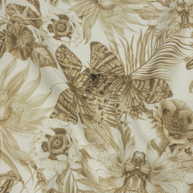 Dark Beige and White Butterfly Garden Medium Weight Linen Woven
