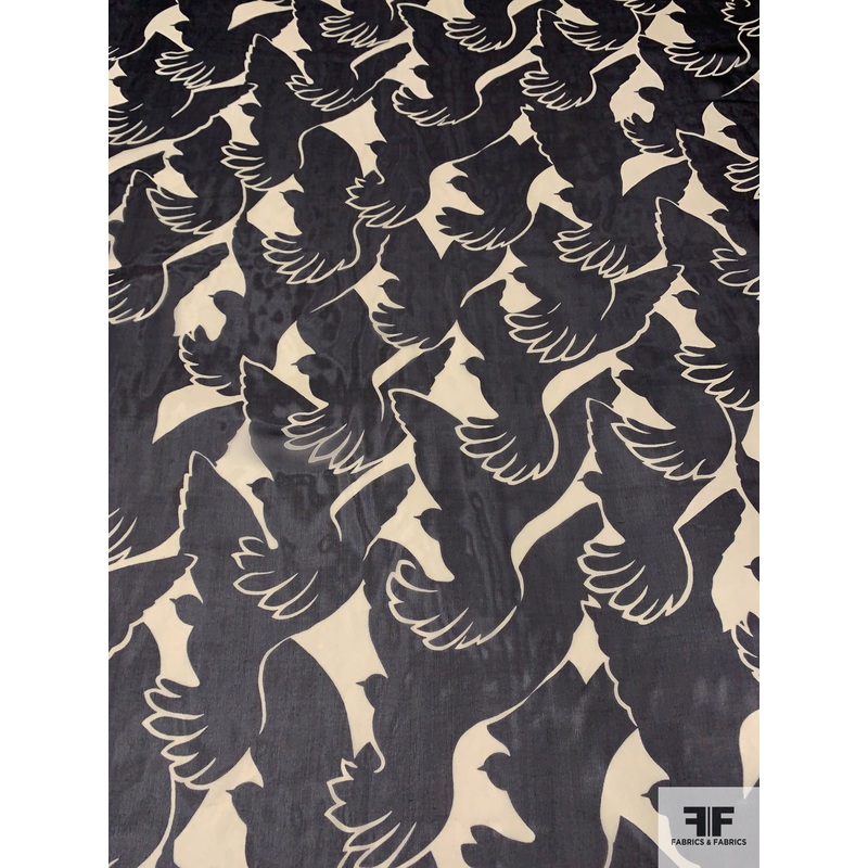 Eagle Silhouette Printed Silk Chiffon – Cream / Black Fabric by the Yard