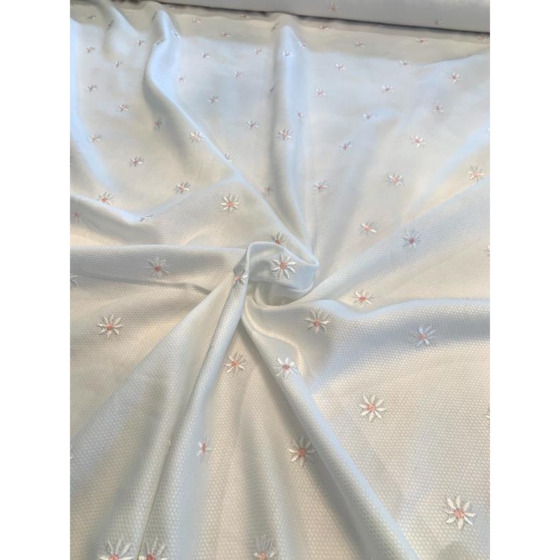 Floral Embroidered Cotton Pique – White/Pink Fabric by the Yard