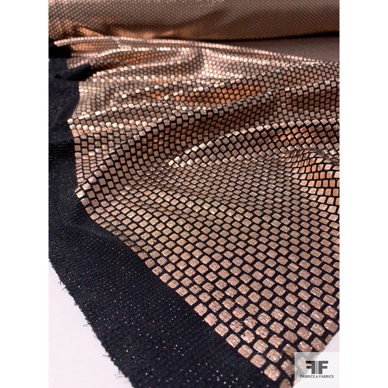 Foil Printed Squares on Stretch Knit – Rose Gold / Black Fabric by the Yard