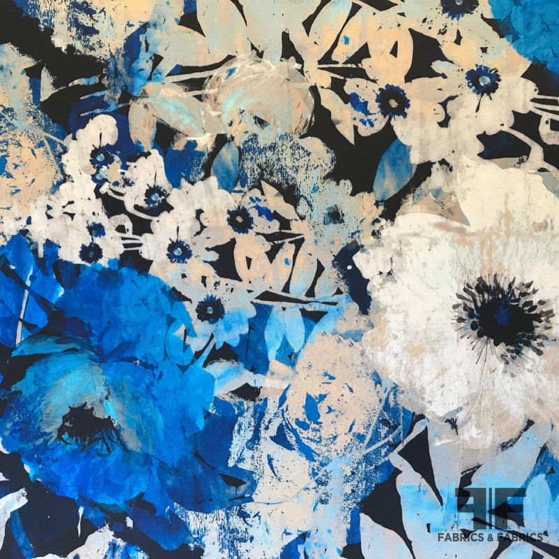 Italian Large Scale Floral Zibeline – Blue Fabric by the Yard