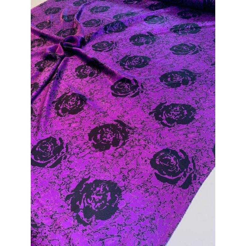 Italian Mystical Floral Printed Silk Charmeuse – Purple / Black Fabric by the Yard