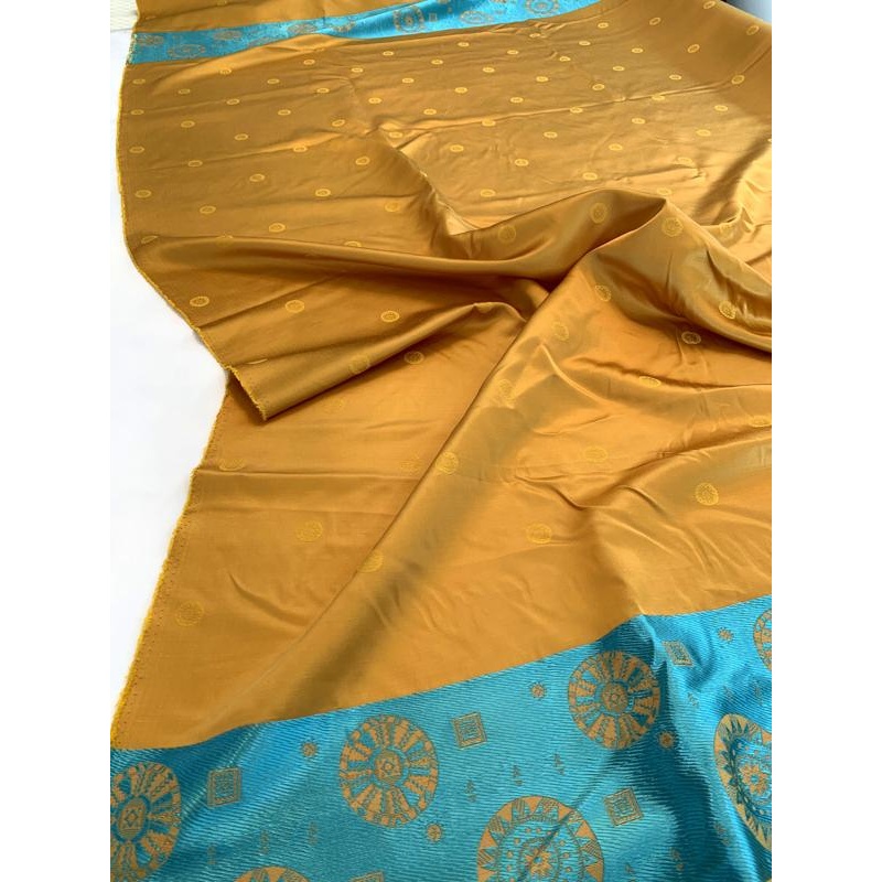 Journey to the Orient Rayon Border Pattern Panel – Mustard Gold / Turquoise Fabric by the Panel