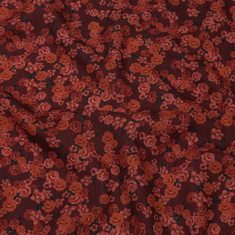 Linen and Rayon Woven – Red Floral – Rose Garden Romance Print – Mood Exclusive Rockland Collection