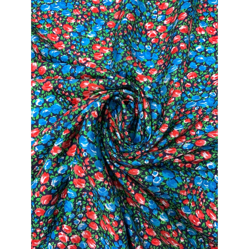 Made in Switzerland Abraham Ditsy Floral Printed Fine Silk Twill – Caribbean Blue / Strawberry / Lime Green / Navy Fabric by the Yard