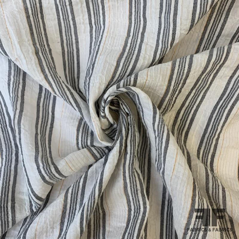 Metallic Crinkled Striped Soft Cotton Gauze – Off White/Black Fabric by the Yard