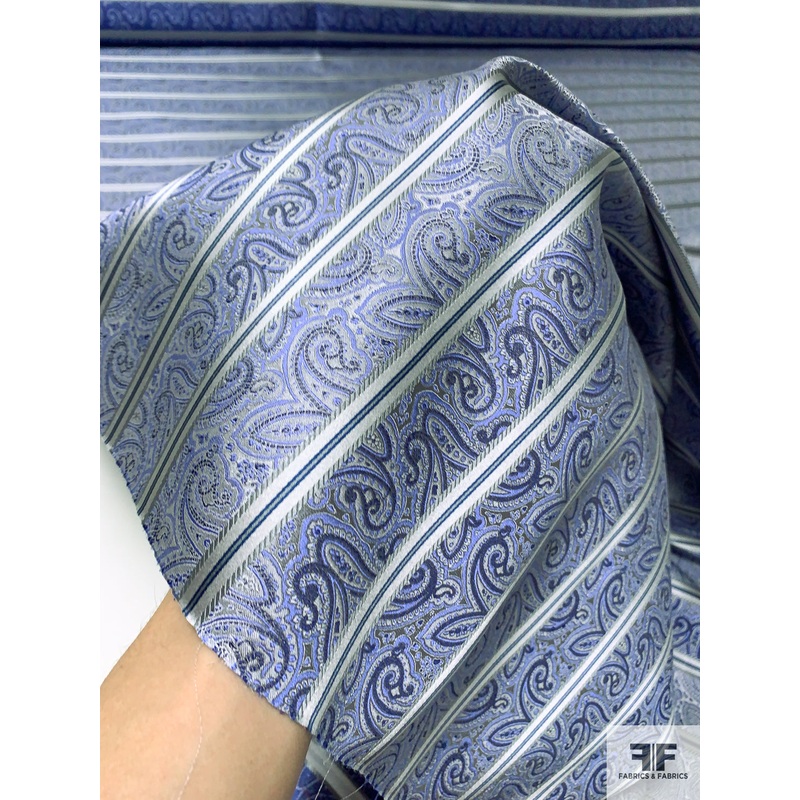 Paisley Striped Silk Necktie Jacquard Brocade – Periwinkle Blue / Grey / Navy Fabric by the Yard