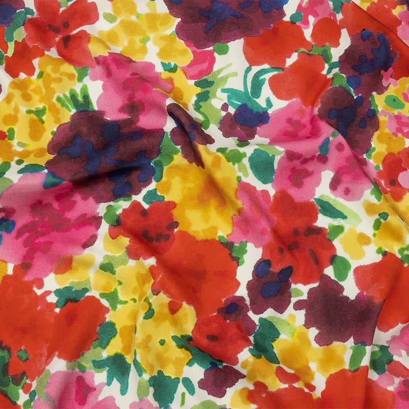 Stretch Cotton and Viscose Sateen Print – Red, Yellow and Green Painterly Floral – Mood Exclusive Spring Afternoon