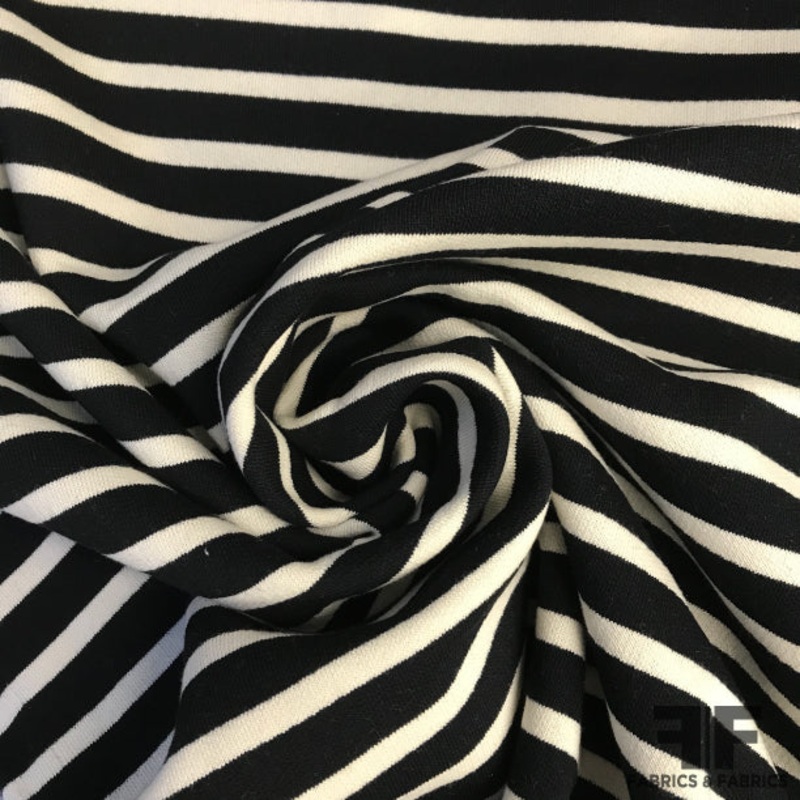 Striped Heavy Cotton Jersey with Fleece Back- Black/White Fabric by the Yard