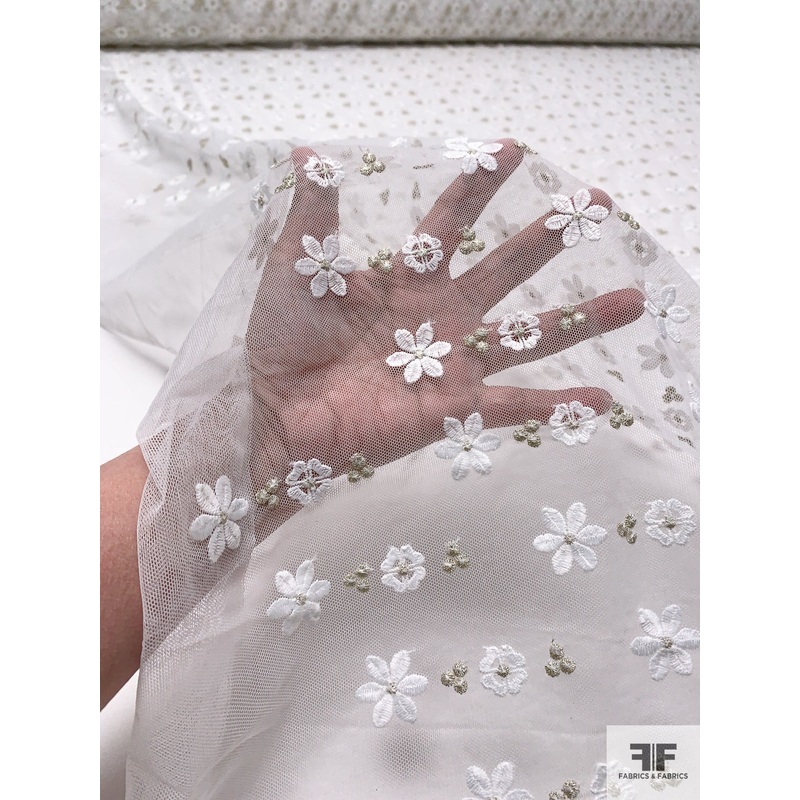 Daisy Floral Embroidered Tulle – White / Light Gold Fabric by the Yard