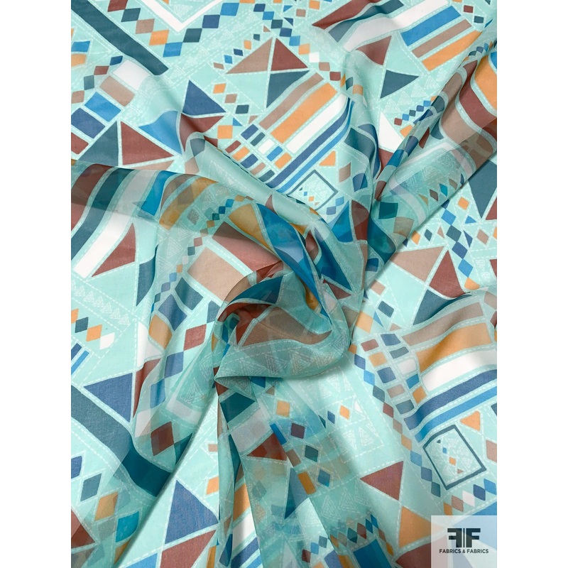 Ethnic Geometric Printed Silk Chiffon – Aqua / Teals / Orange Fabric by the Yard