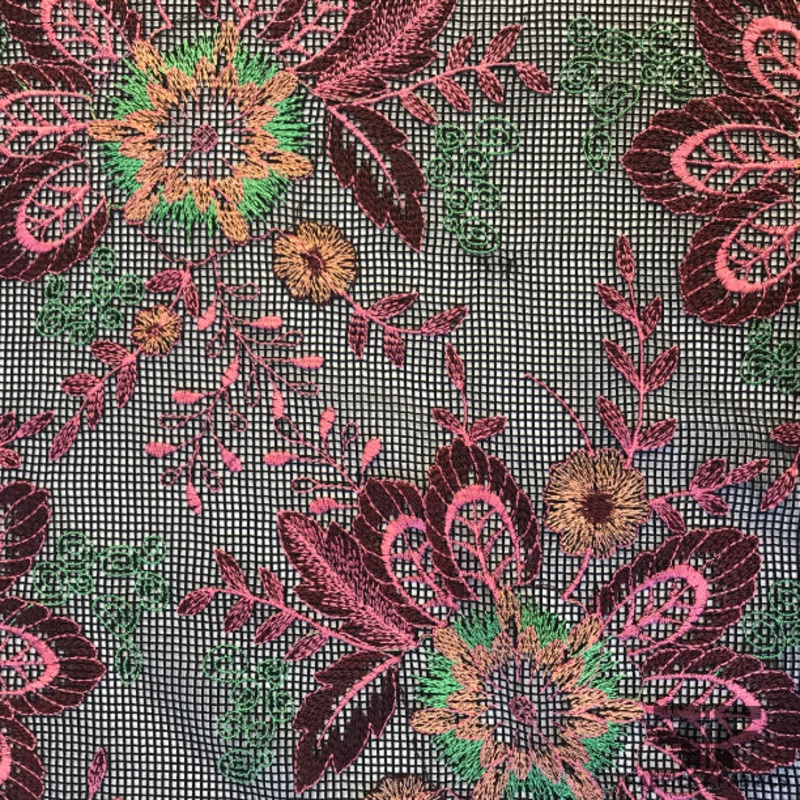 Floral Embroidered Netting – Pink/Black/Multicolor Fabric by the Yard