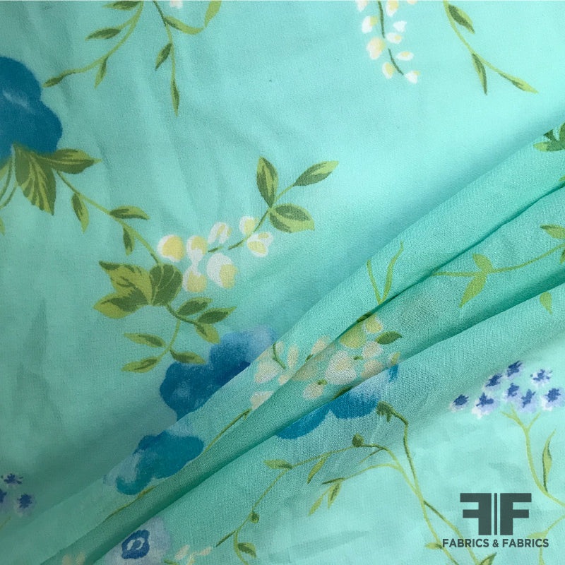 Floral Printed Silk Chiffon – Aqua Fabric by the Yard