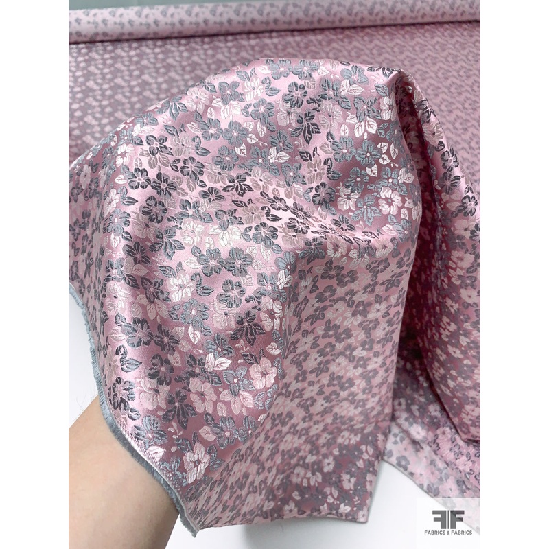 Floral Silk Necktie Jacquard Brocade – Dusty Rose / Grey / Light Pink Fabric by the Yard