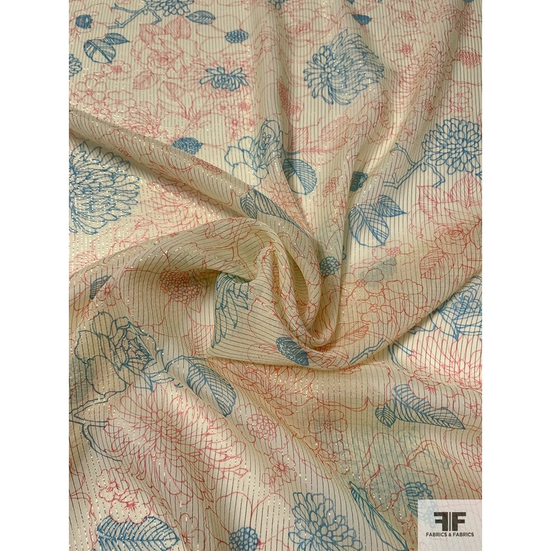 Floral Sketch Printed Silk Chiffon with Gold Lurex Pinstripes – Pale Pastel Yellow / Deep Coral / Turquoise Fabric by the Yard