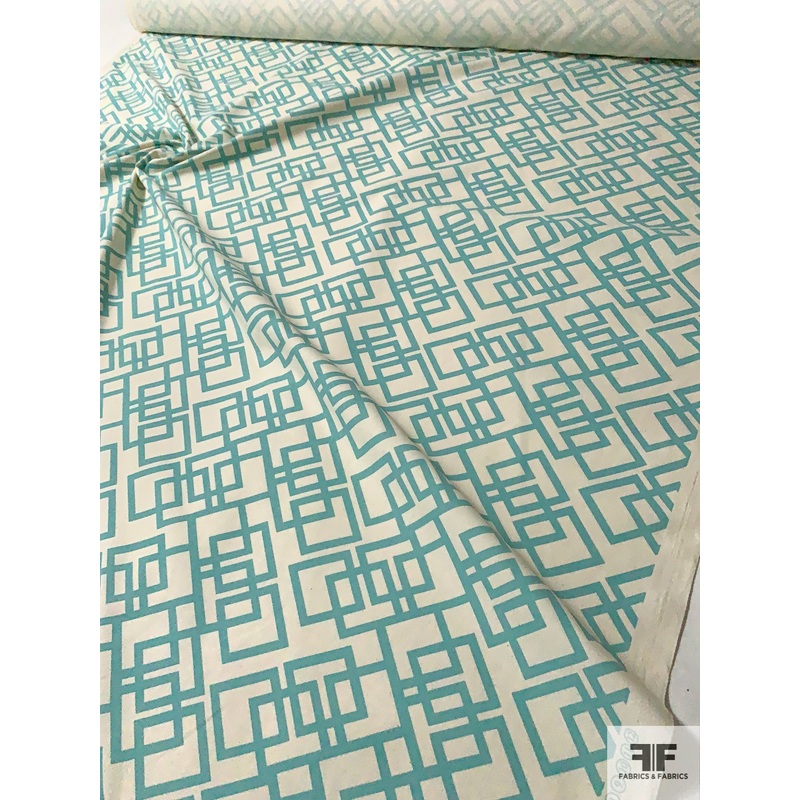 Geometric Lattice Printed Medium-Weight Cotton Canvas – Seafoam / Cream Fabric by the Yard