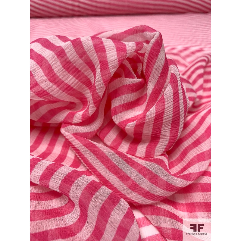Horizontal Printed Crinkled Silk Chiffon – Bright Pink / Ivory Fabric by the Yard