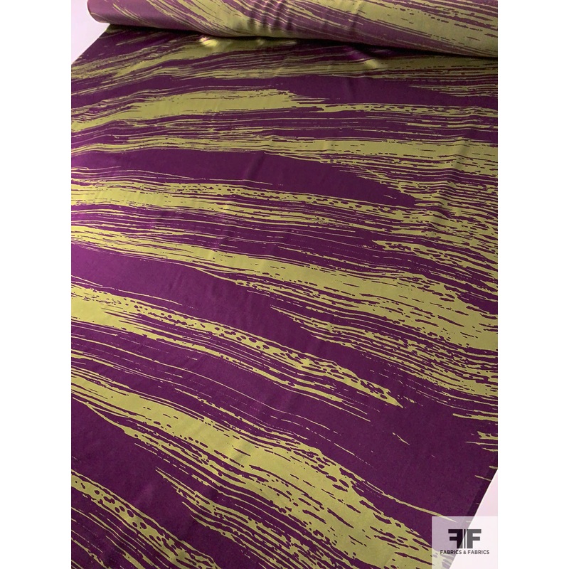 Large-Scale Brushstroke Printed Silk Charmeuse – Eggplant Purple / Moss Green Fabric by the Yard