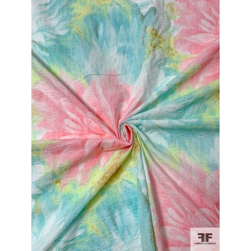 Large-Scale Floral Printed Cotton Pliss – Seafoam / Pink / Light Chartreuse / Off-White Fabric by the Yard