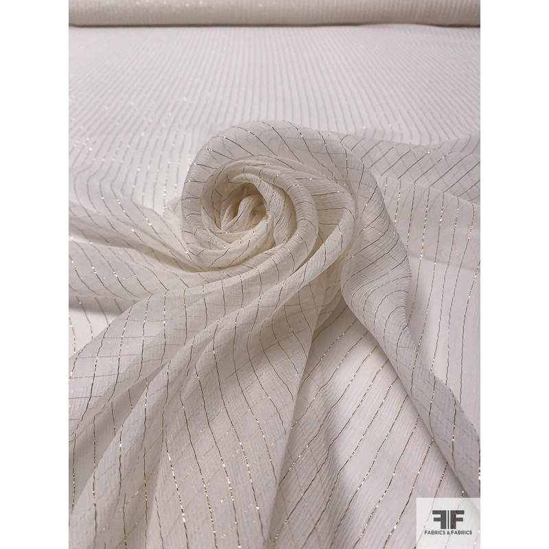 Lurex Pinstriped Slightly Crinkled Silk Chiffon – Off-White / Gold Fabric by the Yard