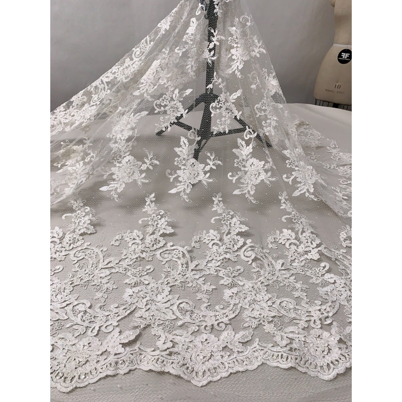 Marchesa Double-Scalloped Embroidered Novelty French Tulle with Clear Pearls, Sequins, and Bugle Beads – Off-White Fabric by the Yard