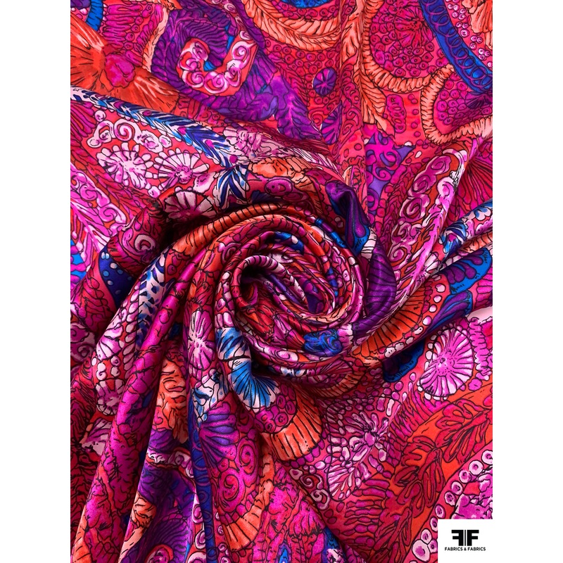 Paisley Sketch Printed Silk Charmeuse – Magenta / Violet / Blue / Red Fabric by the Yard