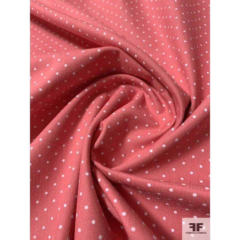 Pin Dot Printed Lightweight Stretch Cotton Denim – Dark Salmon / White Fabric by the Yard