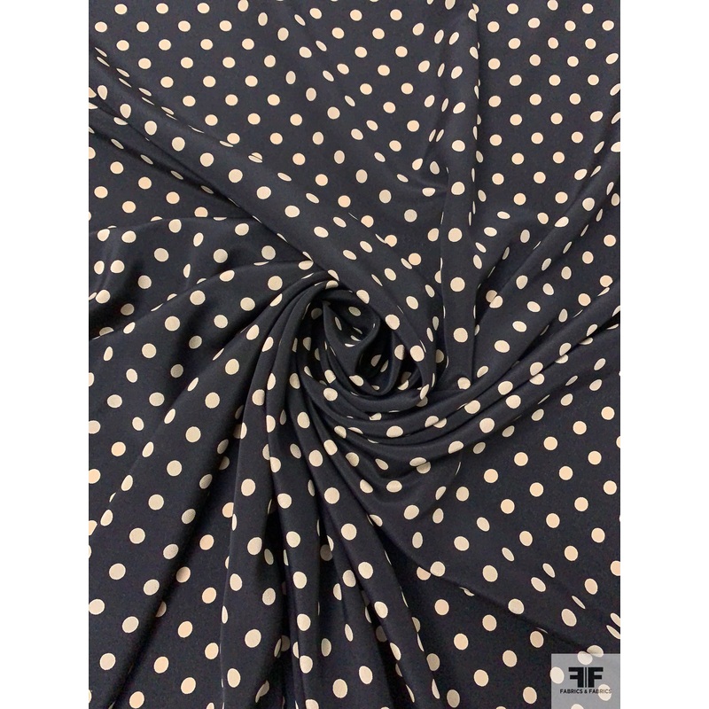 Polka Dot Printed Silk Crepe de Chine – Black / Khaki Beige Fabric by the Yard